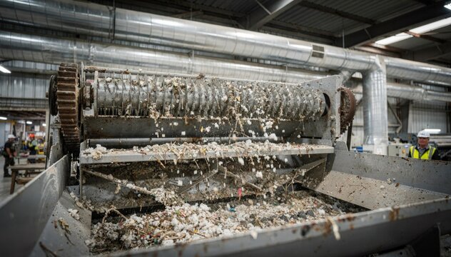 Medium shot of interior machinery with precleaner saw paused cotton fibers and trash in chute crystalclear background ducts and workers softly blurred for depth.