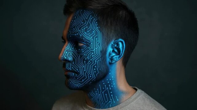 Description: White male portrait split 50/50 between human skin and blue circuitry, futuristic cyborg look