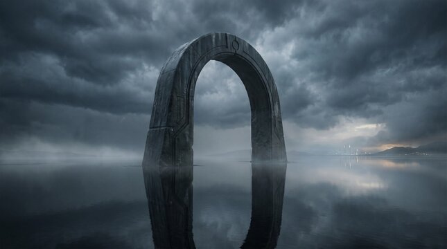 Cinematic atmospheric landscape featuring a massive monolithic arch standing in reflective water beneath dramatic storm clouds and soft fog.