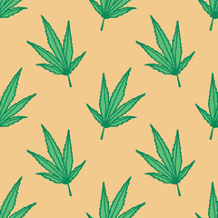 Fototapeta premium Seamless pattern with hand drawn cannabis leaf Medicine marijuana Hemp leaves For decorative print, wrapping paper, fabric, packaging, background