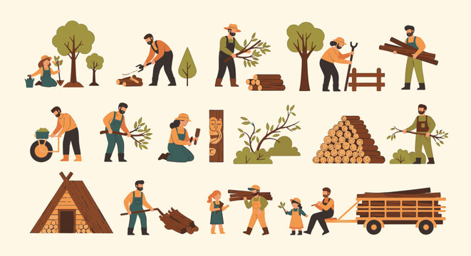 Flat vector illustration collection containing diverse human characters, business icons, technology elements, and office objects for web development and digital interface design.