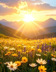Obraz premium Sunset over a vibrant flower field.