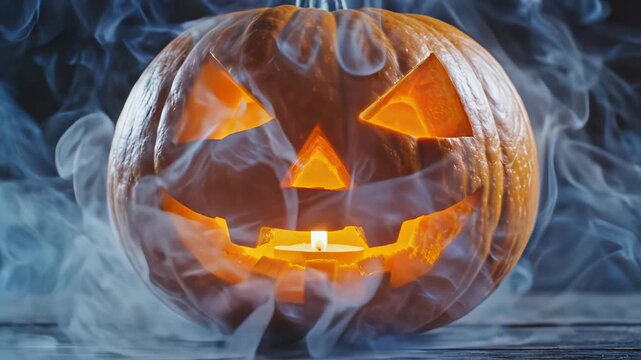 Halloween pumpkin with candle highlighting geometric patterns and contemporary art