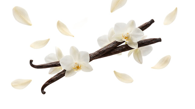 Vanilla pods and flowers scattered with petals on transparent grid background natural aroma ingredient beautiful delicate blossom fragrance spice.