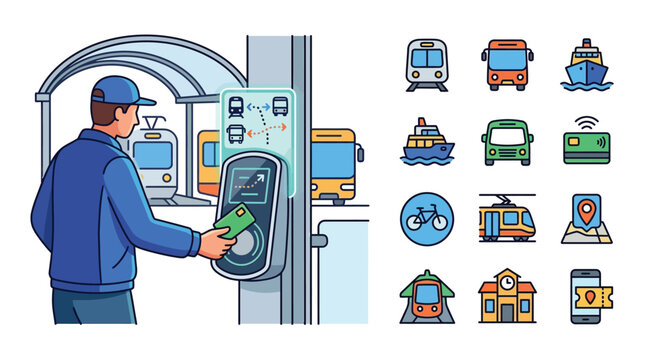 Vector illustration of a passenger using a contactless payment card at a public transportation terminal validator gate, with flat icons for bus, train, ferry, and urban mobility.