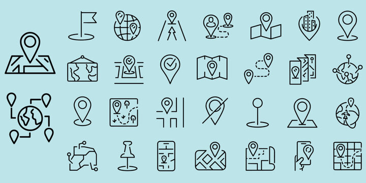 Map Navigation, Logistics Outline Icons, Mobile UI Location Vector Pack, Map Pins and Navigation Location Line Icons Set, GPS Navigation, Route Planning, and Geolocation Linear Vector Icons.eps