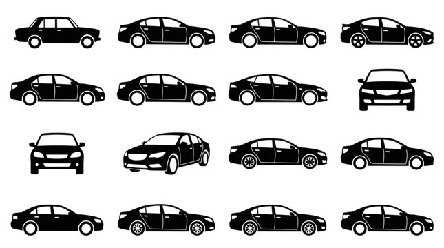 Collection of Black Sedan Car Silhouettes in Various Angles.