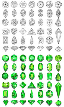 A collection of stylized illustrations of gemstones of various shapes and cuts in color and a linear cutting pattern