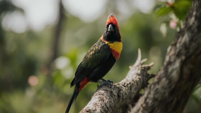 An African bearded barbet with vibrant plumage perches on a branch, observing its surroundings. Sharp details showcase its unique red, yellow, and black feathers in nature.
