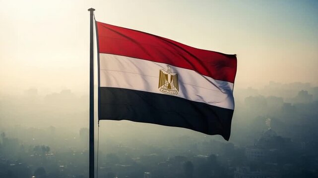 Egyptian flag waving against a hazy urban skyline background representing national pride patriotism and Middle Eastern political identity for editorial concepts