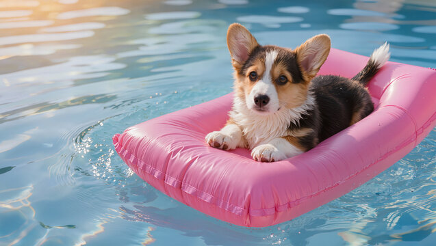 Adorable corgi puppy lounging on pink inflatable pool float in bright blue swimming pool water, refreshing summer pet lifestyle moment, editorial pet photography with copy space