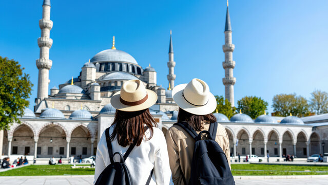 Hagia Sophia visit: Two tourists with hats and backpacks admiring the Hagia Sophia mosque and its minarets under a clear blue sky.