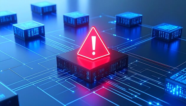 Digital blockchain network with glowing red warning alert symbol