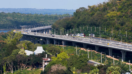 Fototapeta premium Aerial View of Elevated Motorway Traffic Near Lam Takhong Lake Thailand
