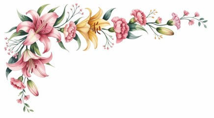 Watercolor flower arrangement corner border with lilies and carnations isolated on white background © Habiba Noor  Jannat
