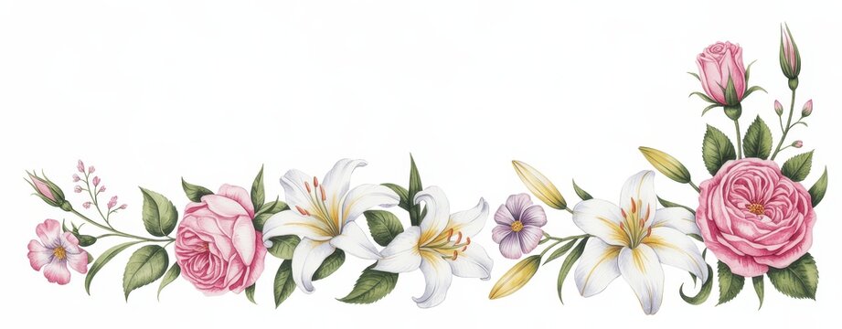 Watercolor floral border with pink roses and white lilies isolated on white background