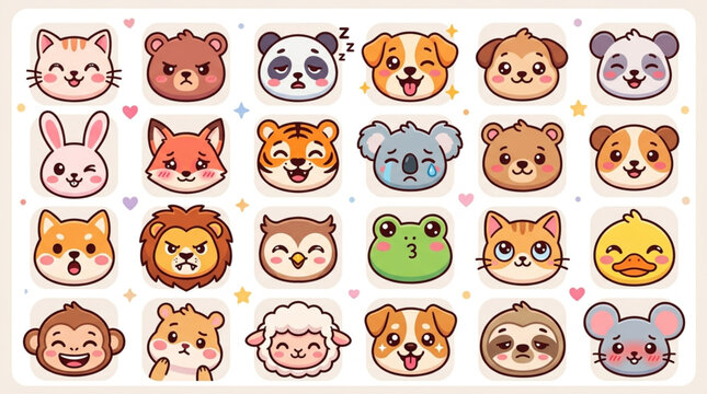 Collection of Cute Cartoon Animal Faces with Expressive Eyes.