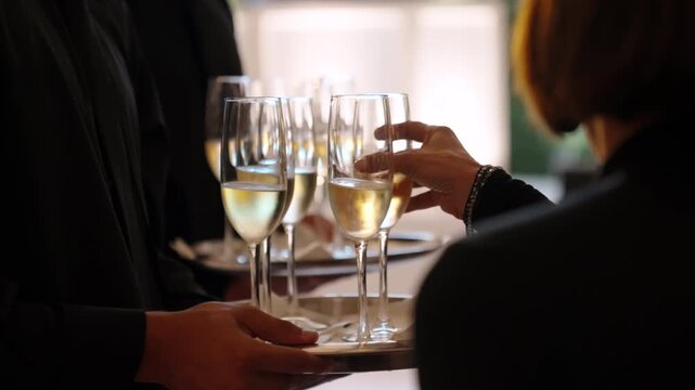 Champagne Flutes on a Tray Served by Waiter at Elegant Wedding Reception Toast