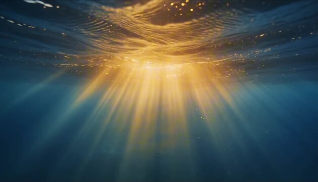 looking up from deep underwater toward surface with sharp golden sun rays beams perfect for summer