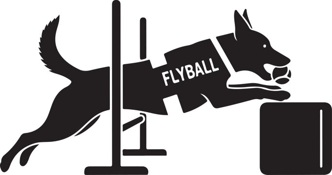 Dog in silhouette jumping over hurdle in flyball silhouette, Generative Ai