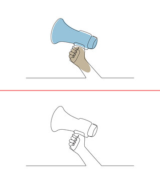 A continuous line drawing of a hand holding a megaphone. The concept of a person's hand tightly gripping a megaphone, ready to speak and provide information is presented in a single line style.