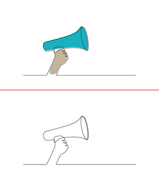 A continuous line drawing of a hand holding a megaphone. The concept of a person's hand tightly gripping a megaphone, ready to speak and provide information is presented in a single line style.