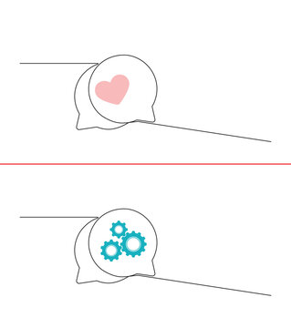 A continuous single line drawing depicting two speech bubbles and a gear inside. A chat concept featuring speech bubbles about work, business, and education in a single line style.