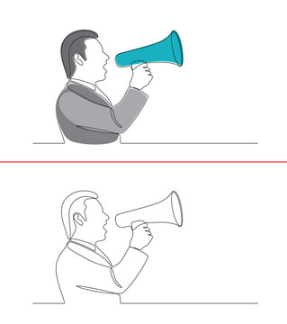 A continuous line drawing of a hand holding a megaphone. The concept of a person's hand tightly gripping a megaphone, ready to speak and provide information is presented in a single line style.