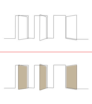 Continuous line drawing of a door. Three-door concept of success, building, architecture, real estate in single line style. Simple door vector illustration in doodle style.