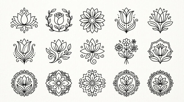 Collection of Hand Drawn Floral Emblems and Ornate Decorative Elements.
