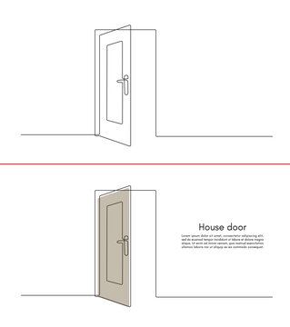 Continuous line drawing of a door. The concept of a single door of success, building, architecture, real estate in single line style. Vector illustration of a simple door in doodle style.