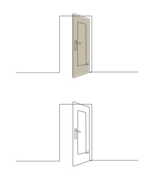 Continuous line drawing of a door. The concept of a single door of success, building, architecture, real estate in single line style. Vector illustration of a simple door in doodle style.