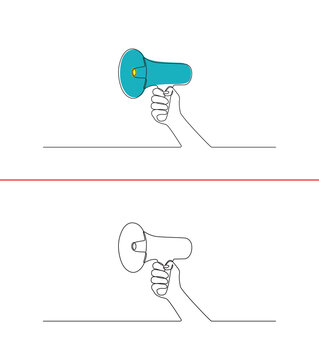 A continuous line drawing of a hand holding a megaphone. The concept of a person's hand tightly gripping a megaphone, ready to speak and provide information is presented in a single line style.