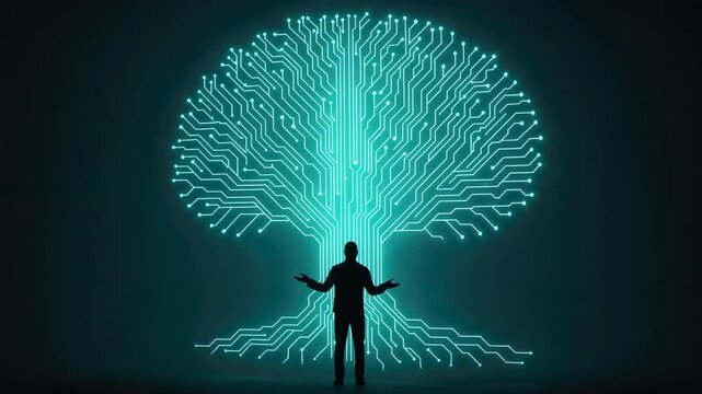 Solitary silhouette faces glowing circuit-tree, blending human presence with futuristic digital networks