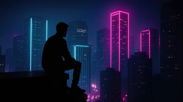 Silhouette of person seated on rooftop edge overlooking neon-lit city skyline at night