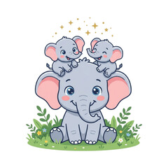 Happy Elephant Family on Grass © Rizky