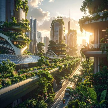 Futuristic eco city featuring rooftop gardens, solar panels, vertical forests, and autonomous electric transportation. Sustainable urban architecture with green infrastructure, smart mobility, and ren