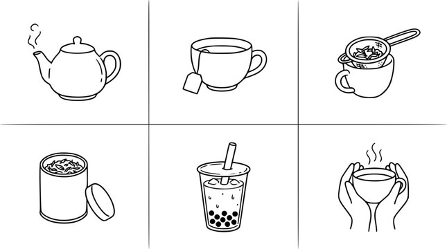 This collection of beverage illustrations features a teapot, cup, and bubble tea, representing the diverse and enjoyable aspects of tea and drink culture.