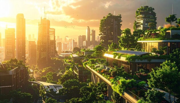 Futuristic eco city featuring rooftop gardens, solar panels, vertical forests, and autonomous electric transportation. Sustainable urban architecture with green infrastructure, smart mobility, and ren