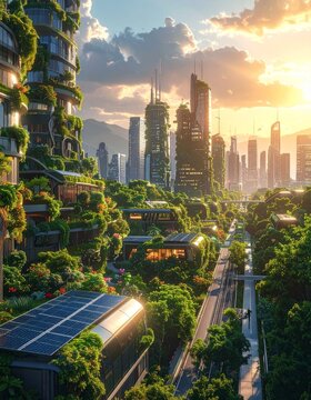 Futuristic eco city featuring rooftop gardens, solar panels, vertical forests, and autonomous electric transportation. Sustainable urban architecture with green infrastructure, smart mobility, and ren