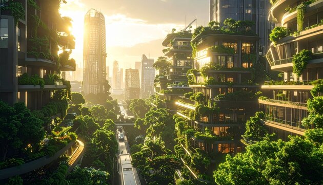 Futuristic eco city featuring rooftop gardens, solar panels, vertical forests, and autonomous electric transportation. Sustainable urban architecture with green infrastructure, smart mobility, and ren