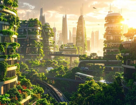 Futuristic eco city featuring rooftop gardens, solar panels, vertical forests, and autonomous electric transportation. Sustainable urban architecture with green infrastructure, smart mobility, and ren