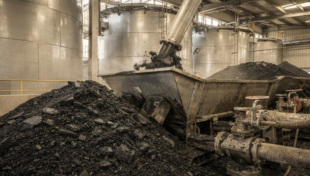 Medium shot inside a silo facility storing highRAP sustainable asphalt mix highlighting loading operations and material texture with closeup equipment details.