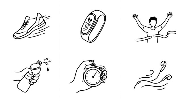 The image presents essential elements of an active lifestyle, including running shoes, step trackers, hydration, and jump ropes, focused on promoting physical engagement.