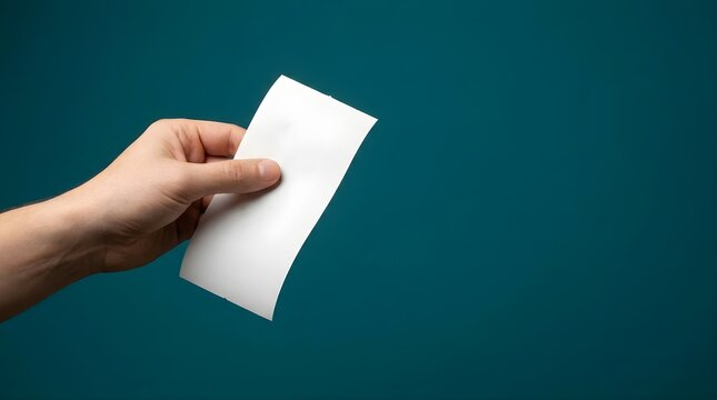 Hand holding blank white envelope against vibrant blue background minimalist design flat lay