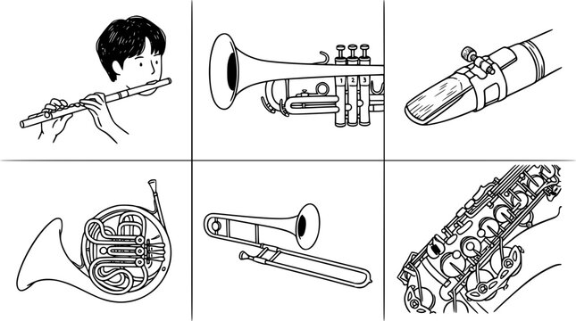 This collection showcases various wind instruments, emphasizing their role in creating music, from flutes to saxophones, illustrating the unique characteristics of each.