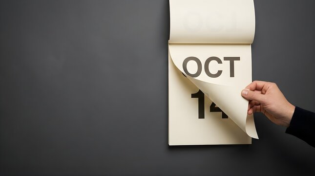 Hand turning calendar page to october 14th on minimalist dark gray wall background for business planning