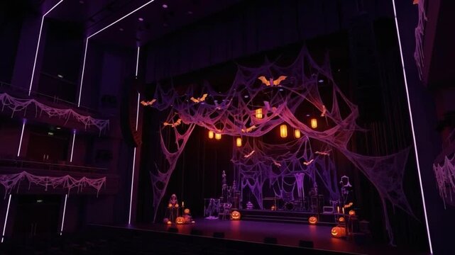 Halloween Theater Stage Decoration with Spooky Cobwebs and Glowing Jack O Lanterns for Holiday Performance Event Background
