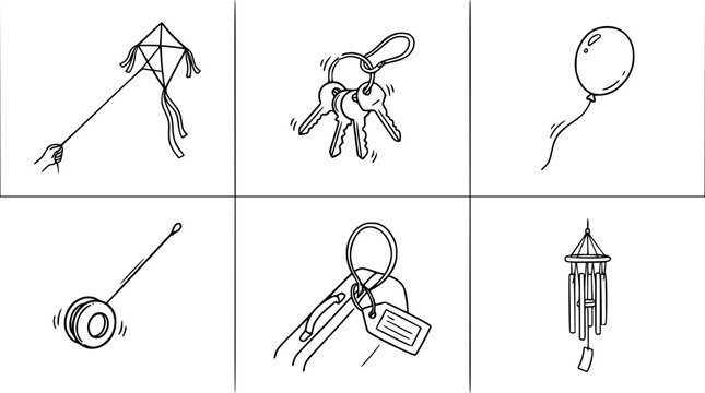 This playful image showcases everyday items like keys, a kite, and a balloon, creatively representing how common objects can bring joy and nostalgia to daily life.