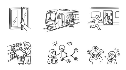 Naklejka premium An illustration showcasing various activities during daily commuting, featuring people entering and exiting a train, capturing the essence of movement in urban life.